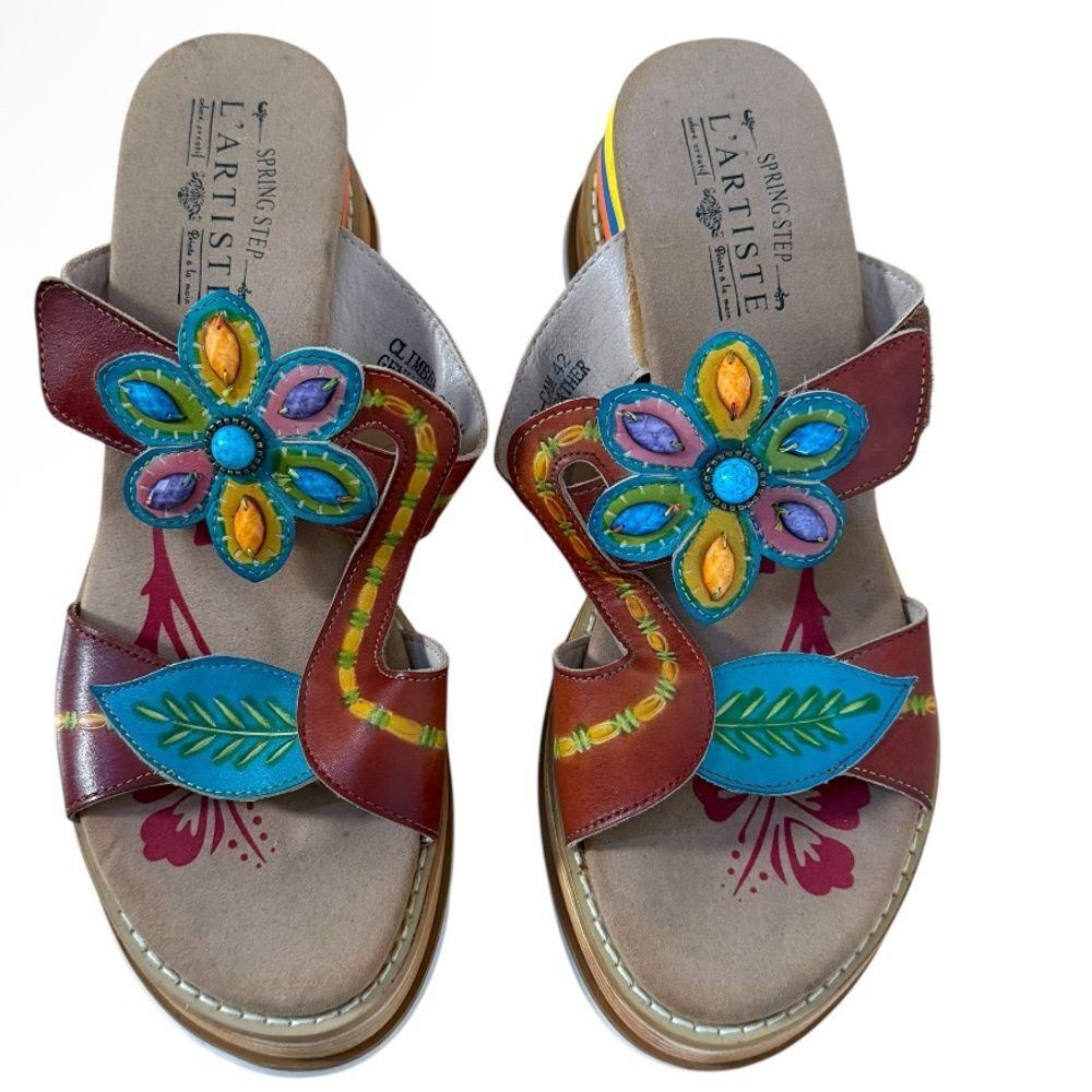 L'Artiste By Spring Step Climber Genuine Leather Floral Platform Slide Sandal 42